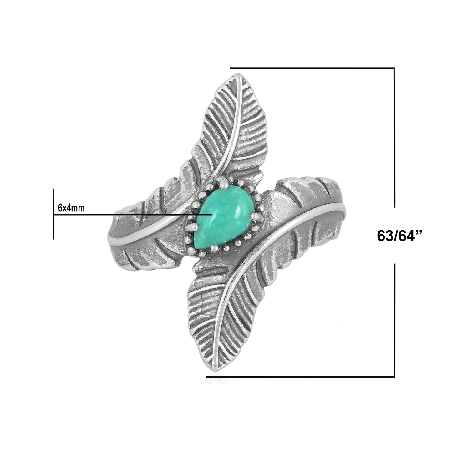 Sterling Silver Green Turquoise Double Feather Ring, Sizes 5 to 6