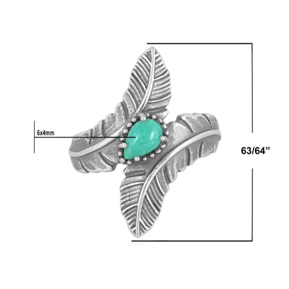 Sterling Silver Green Turquoise Double Feather Ring, Sizes 5 to 6