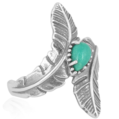 Southwestern Double Feather Ring-Sterling Silver Band with Green Turquoise Gemstone, Sizes 5 - 7