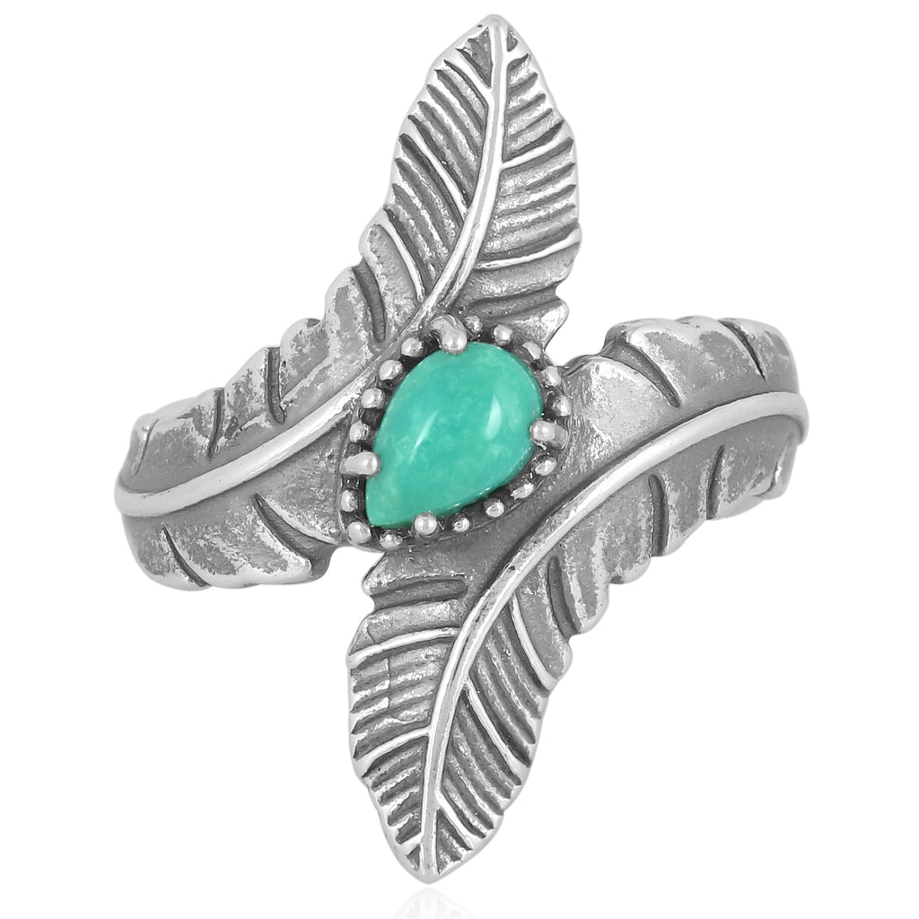 Sterling Silver Green Turquoise Double Feather Ring, Sizes 5 to 6