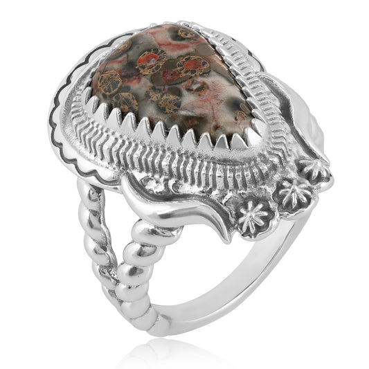 Southwestern Rope Ring with Sterling Silver Band and Leopard Jasper Gemstone, Sizes 6 - 11