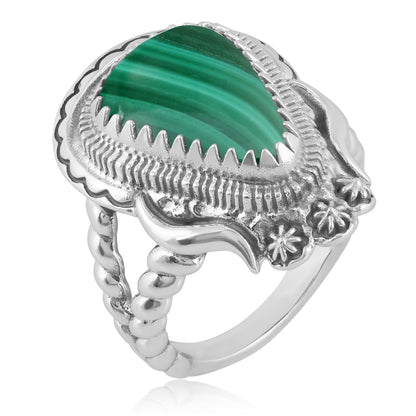 Southwestern Buffalo Green Rope Ring with Sterling Silver Band and Malachite Gemstone, Size 6 - 11