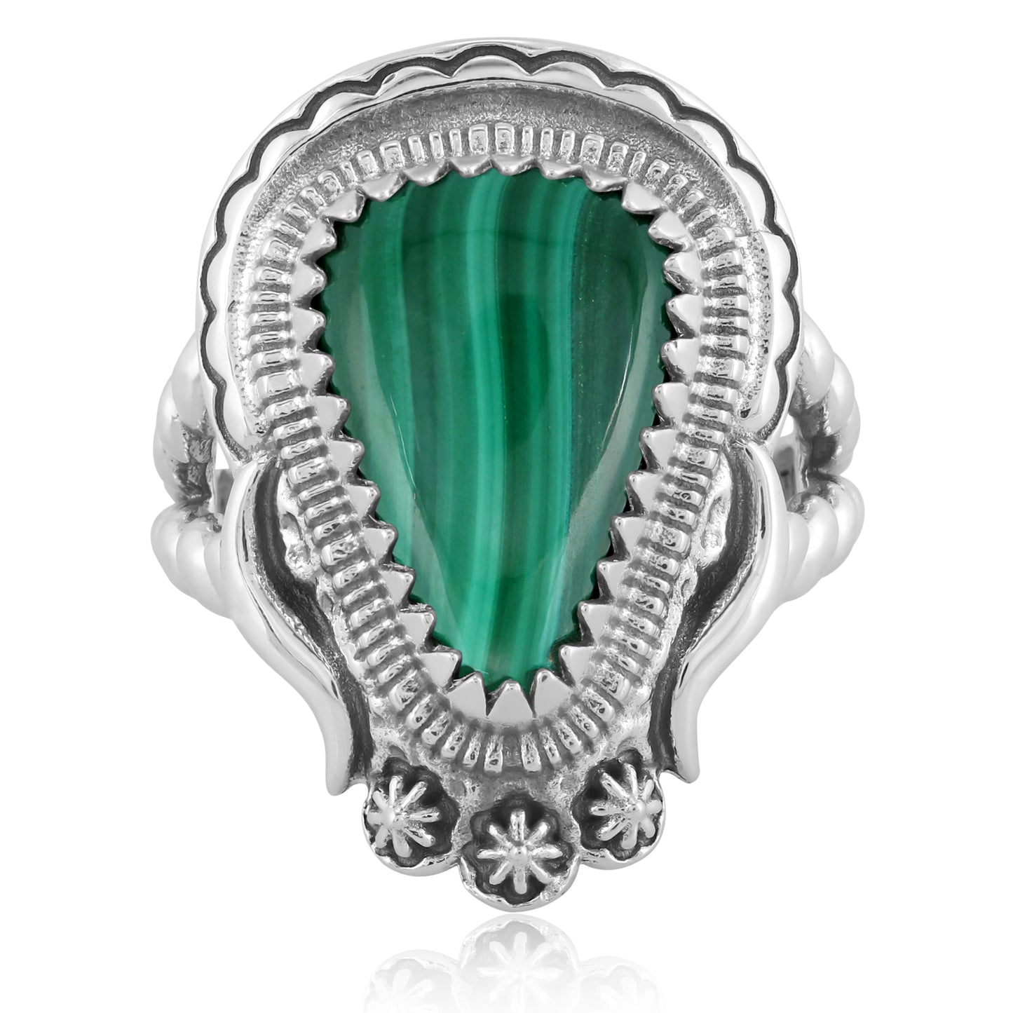 Southwestern Buffalo Green Rope Ring with Sterling Silver Band and Malachite Gemstone, Size 6 - 11