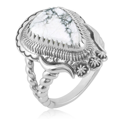 Southwestern Buffalo Moon Rope Ring with Sterling Silver Band and Howlite Gemstone, Sizes 6 - 11