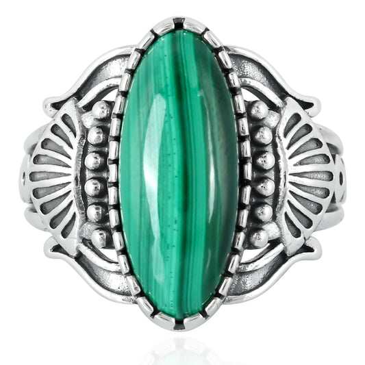 Sterling Silver Oval Malachite Ring, Sizes 5 - 8
