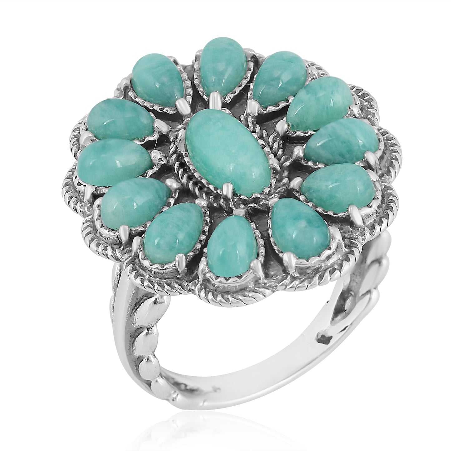 Southwestern Sterling Silver Rope Band with Amazonite Gemstone Flower Cluster Ring, Size 5 - 10