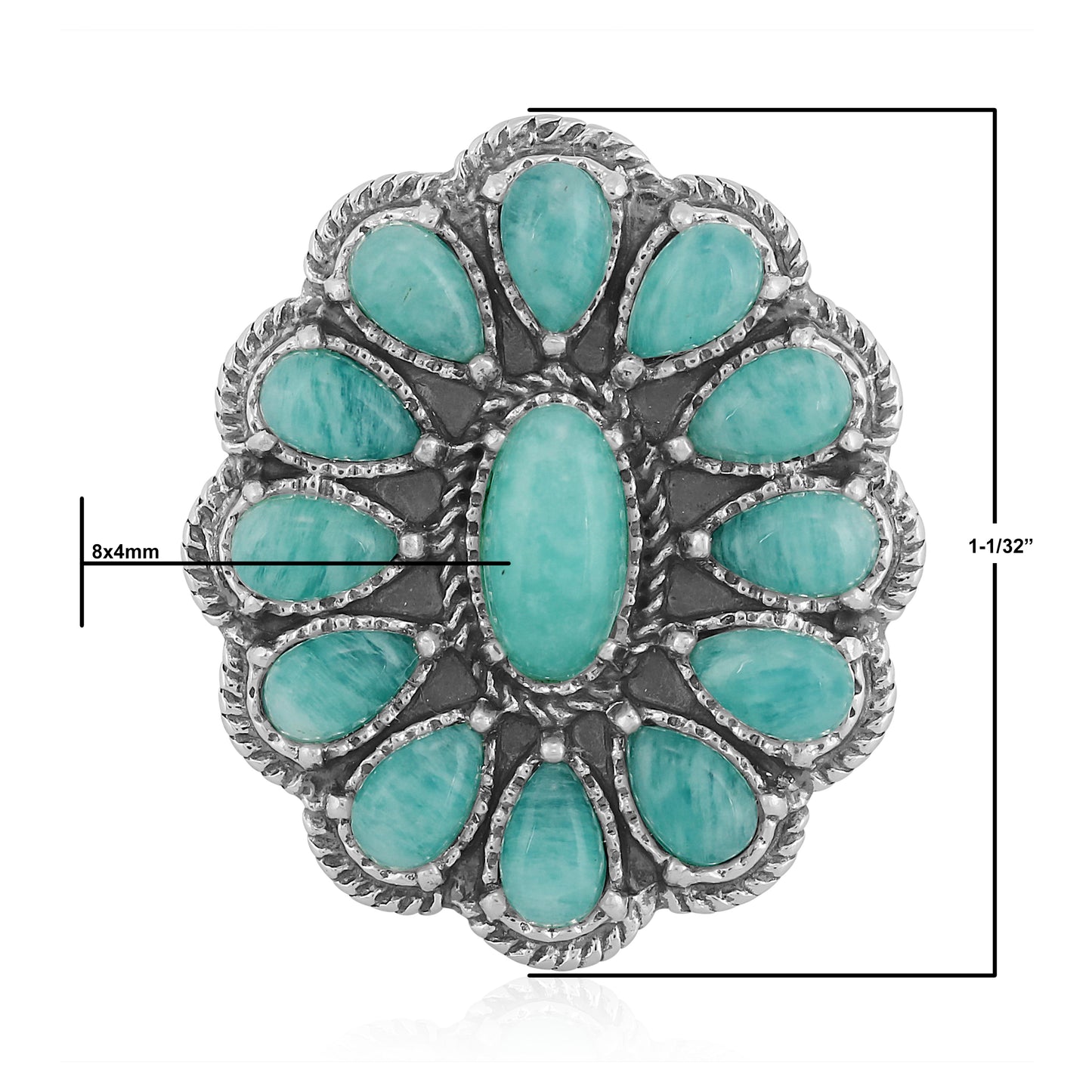 Sterling Silver Amazonite Flower Cluster Rope Ring, Size 5 - 10