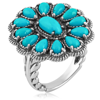 Blue Turquoise Sterling Silver Color Flower Ring Sizes 5-10