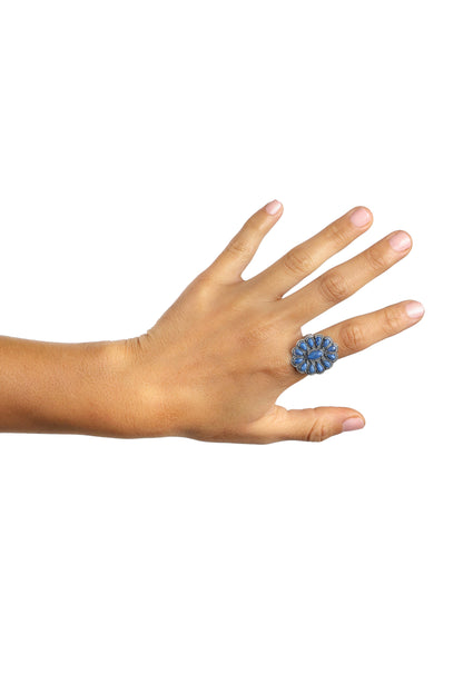 Sterling Silver Lapis Flower Cluster Rope Ring, Sizes 5 to 10