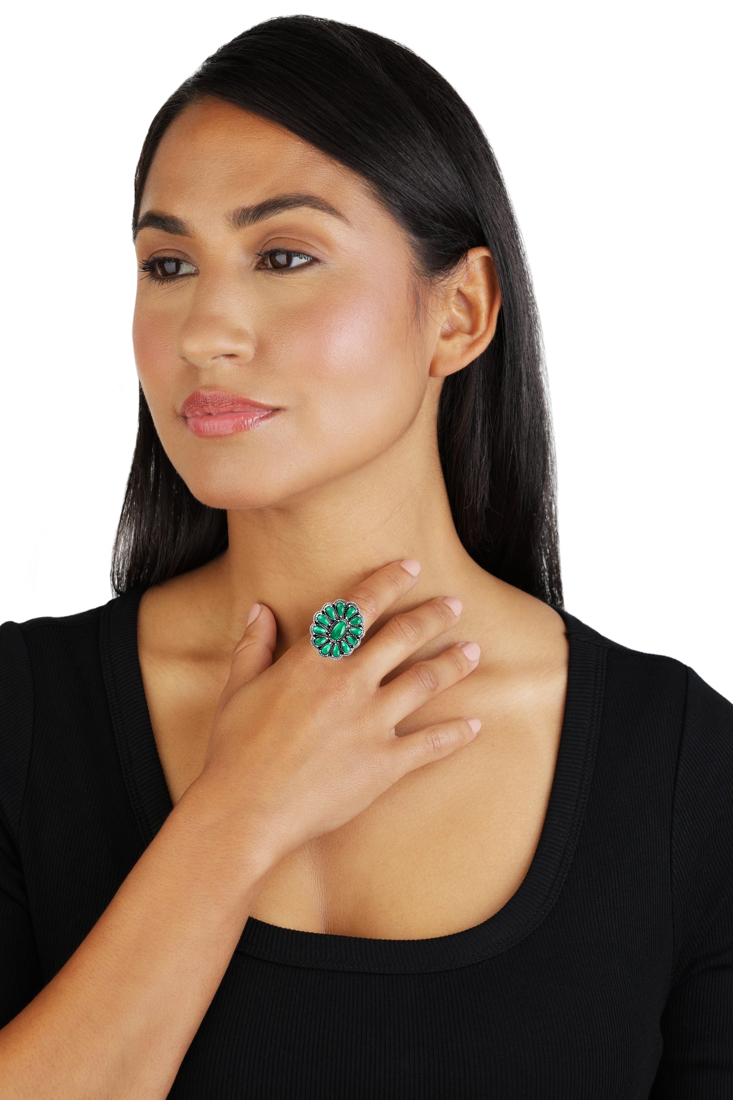 EXCLUSIVELY OURS! Sterling Silver Malachite Flower Cluster Ring, Sizes 5 to 10