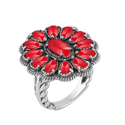 Sterling Silver Red Coral Flower Cluster Rope Ring, Sizes 5 to 10