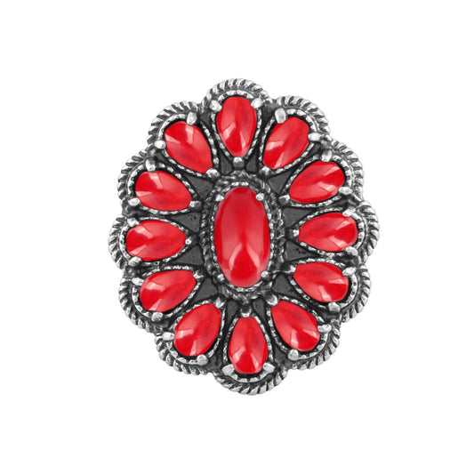 Sterling Silver Red Coral Flower Cluster Rope Ring, Sizes 5 to 10
