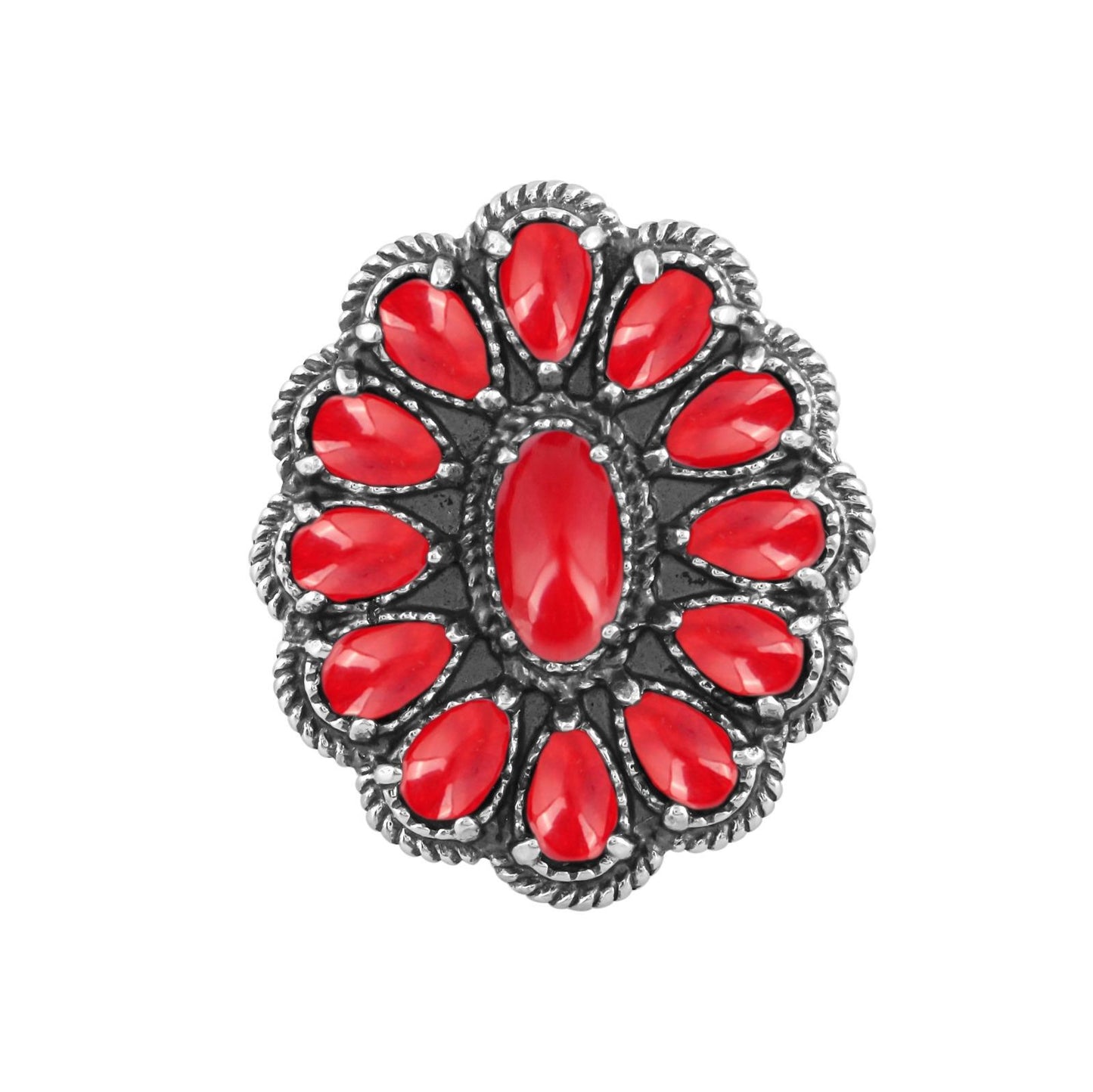 Sterling Silver Red Coral Flower Cluster Rope Ring, Sizes 5 to 10