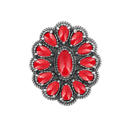Sterling Silver Red Coral Flower Cluster Rope Ring, Sizes 5 to 10