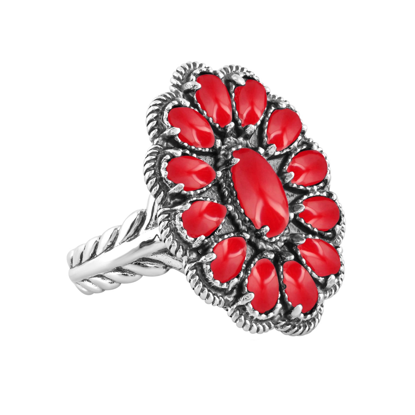Sterling Silver Red Coral Flower Cluster Rope Ring, Sizes 5 to 10