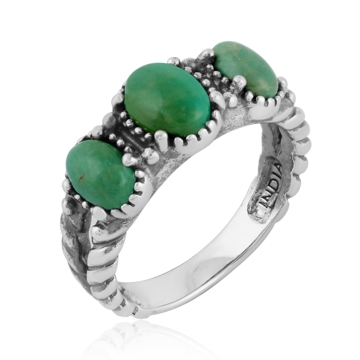 American West Sterling Silver Women's Ring Green Turquoise Gemstone 3-Stone Design Size 5-10