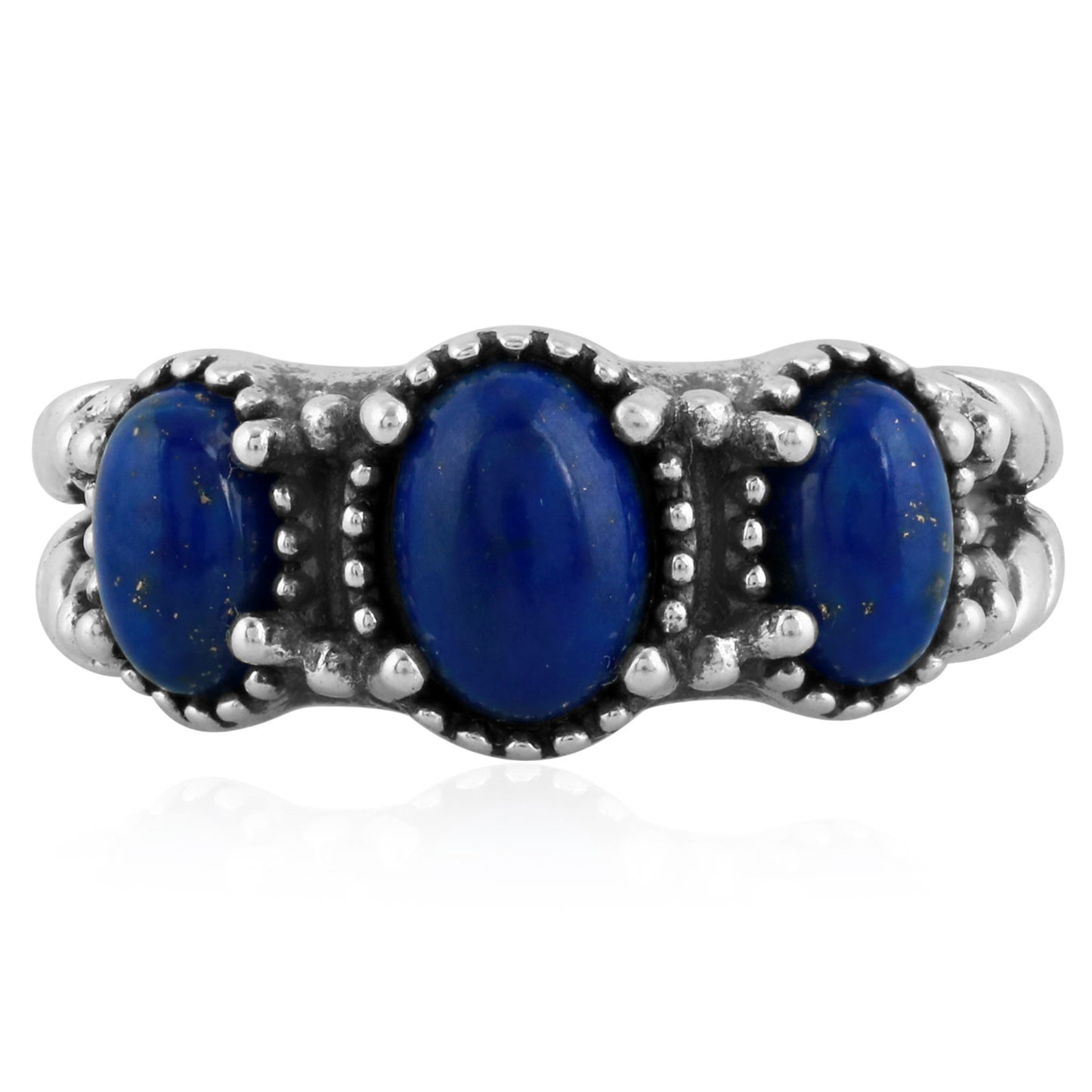 Sterling Silver Lapis Gemstone 3-Stone Ring, Sizes 5 to 10