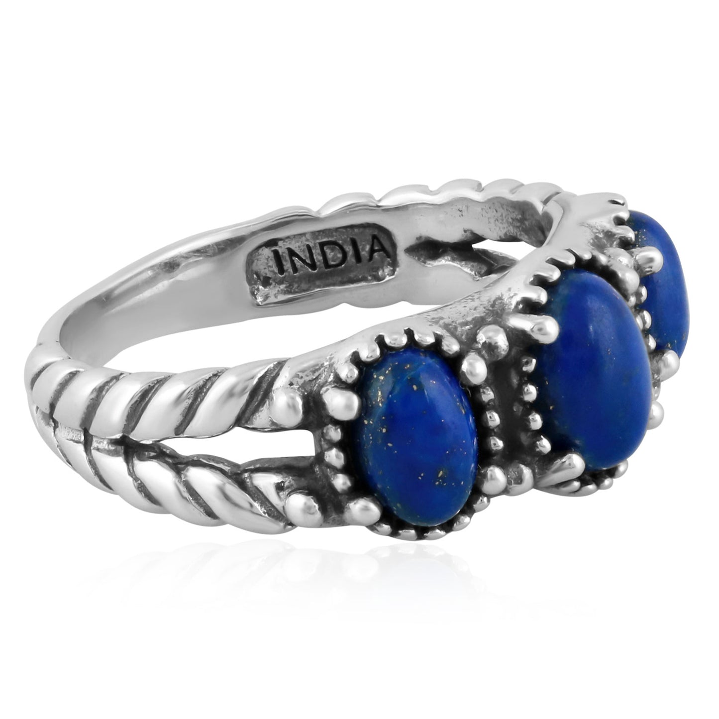 Sterling Silver Lapis Gemstone 3-Stone Ring, Sizes 5 to 10