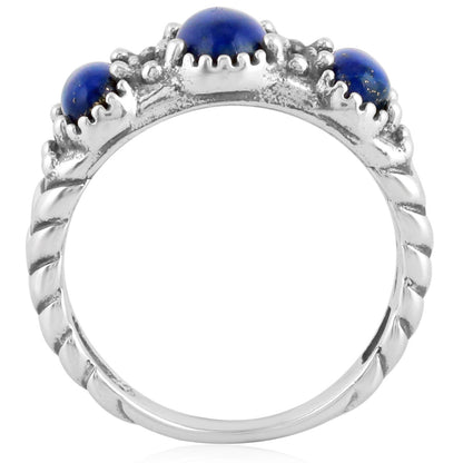 Sterling Silver Lapis Gemstone 3-Stone Ring, Sizes 5 to 10