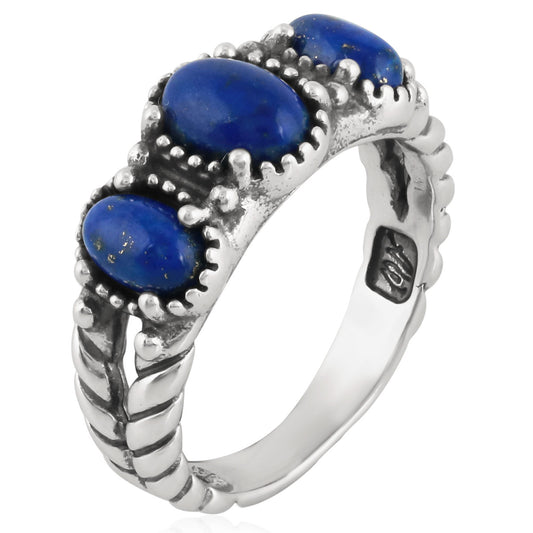 Genuine Lapis Sterling Silver 3 Stone Ring Sizes 5-10