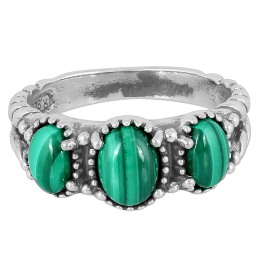 Sterling Silver Green Malachite Gemstone 3-Stone Ring, Sizes 5 to 10