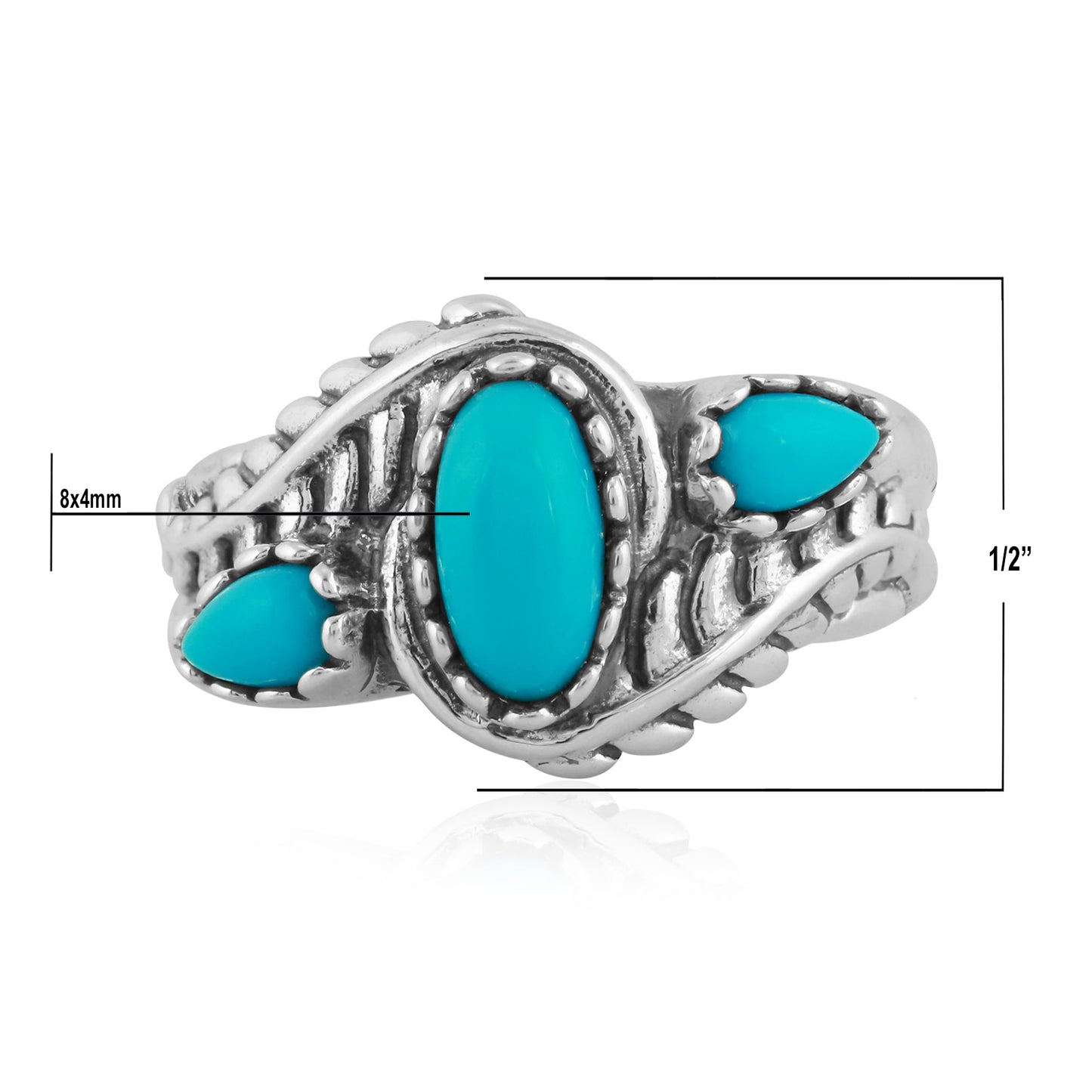 Sterling Silver Sleeping Beauty Turquoise Leaf Rosette Design 3-Stone Ring, Sizes 5 to 10