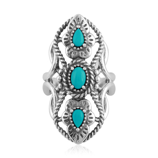 Sterling Silver Blue Turquoise Elongated Ring, Sizes 5 to 10