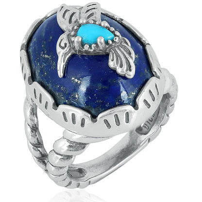 Sterling Silver Women's Ring Blue Turquoise and Lapis Gemstone Hummingbird Design Size 5 to 10
