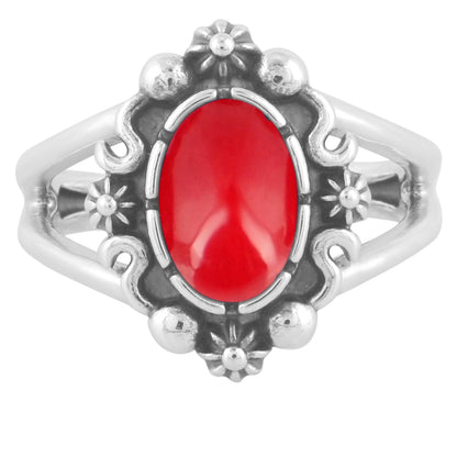 Sterling Silver Red Coral Gemstone Oval Ring Size 5 to 10