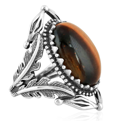 Sterling Silver Tiger's Eye Leaf Design Ring, Sizes 5 to 10