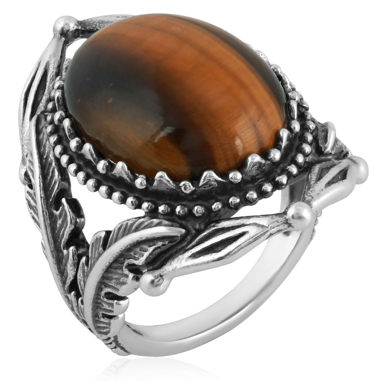 Genuine Tiger Eye Sterling Silver Leaf Design Ring Size 5-10