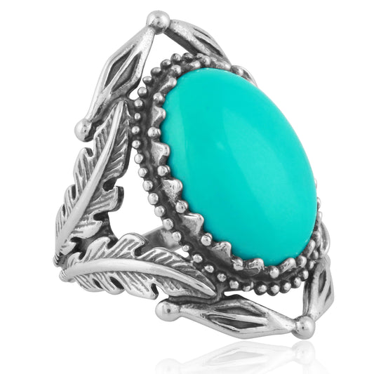 Blue Turquoise Sterling Silver Leaf Design Ring Sizes 5-10