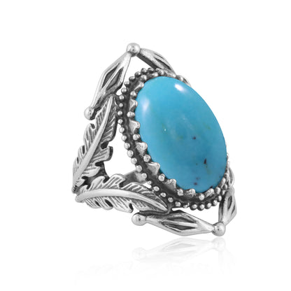 Sterling Silver Blue Turquoise Leaf Design Ring, Sizes 5 to 10
