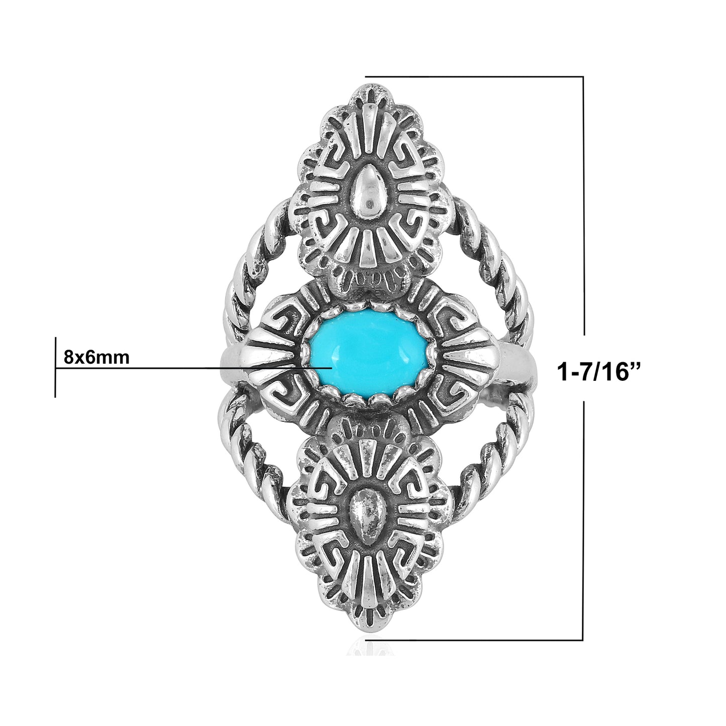 Sterling Silver Sleeping Beauty Turquoise Concha Rope Ring, Sizes 5 to 10