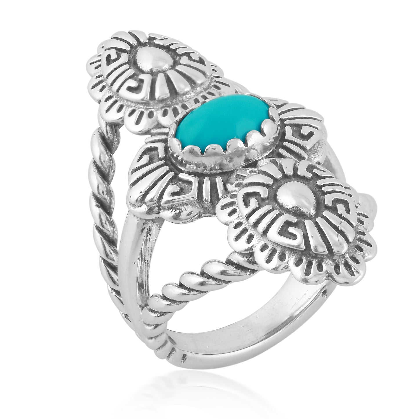 Sterling Silver Sleeping Beauty Turquoise Concha Rope Ring, Sizes 5 to 10