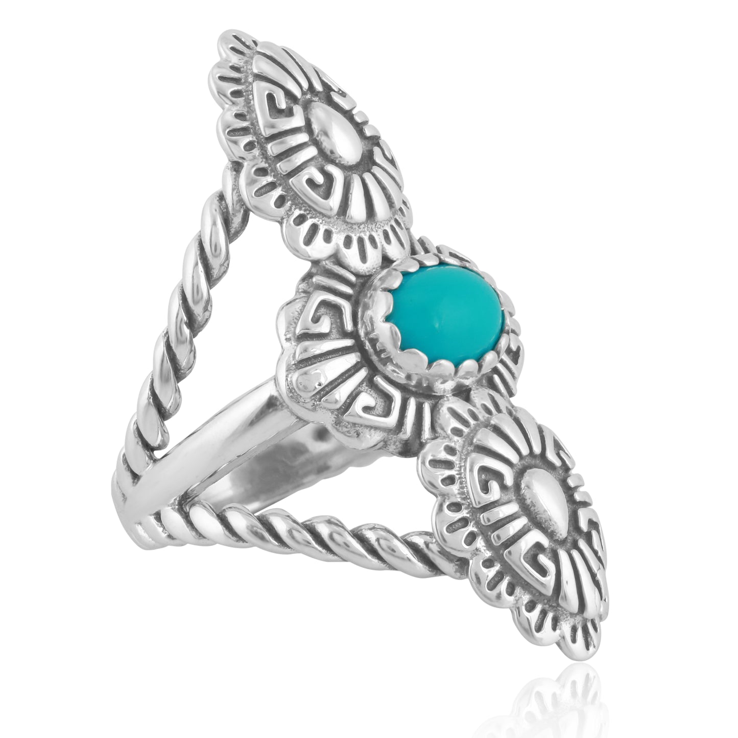 Sterling Silver Sleeping Beauty Turquoise Concha Rope Ring, Sizes 5 to 10