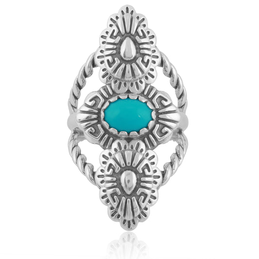 Sterling Silver Sleeping Beauty Turquoise Concha Rope Ring, Sizes 5 to 10