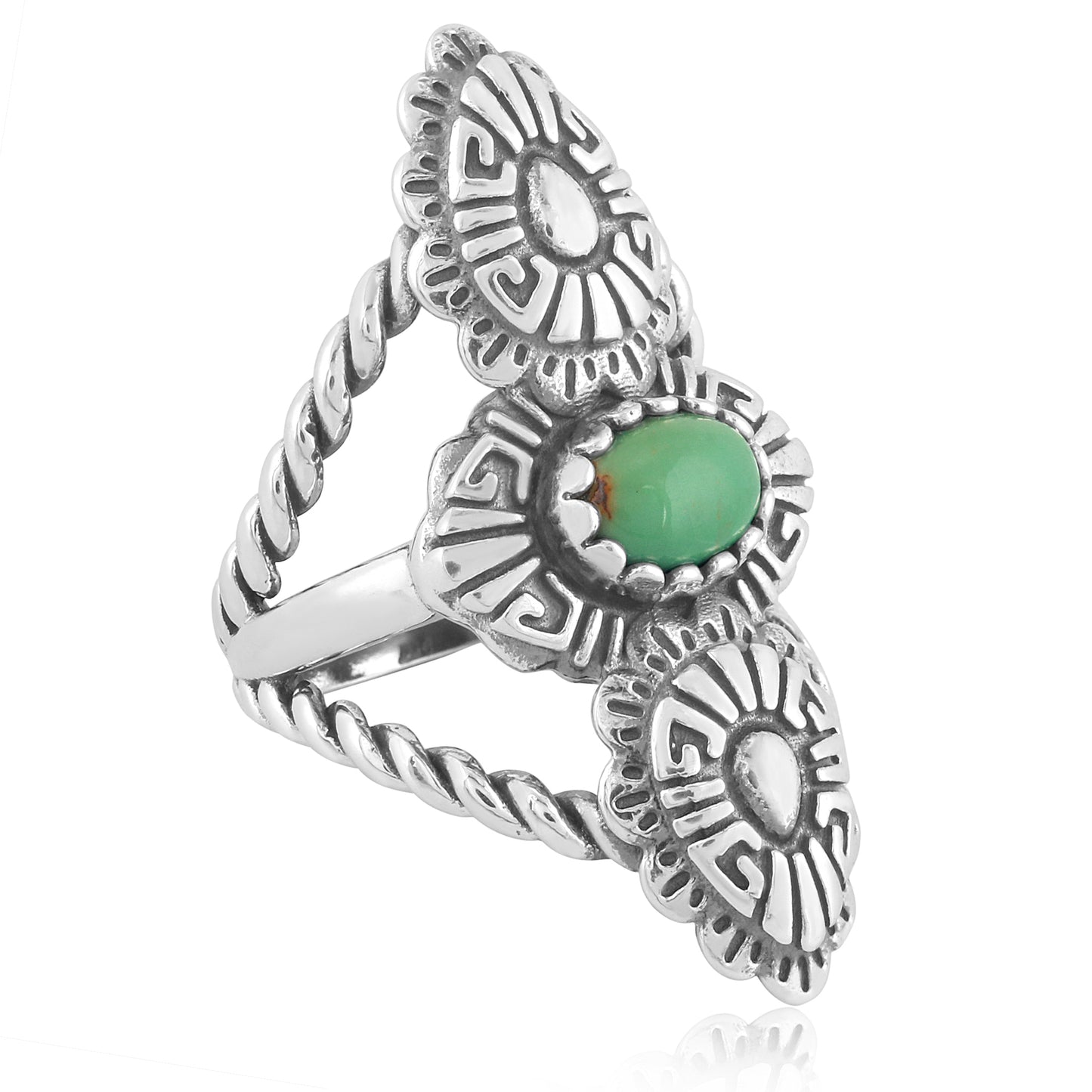 Sterling Silver Green Turquoise Concha Rope Ring, Sizes 5 to 10