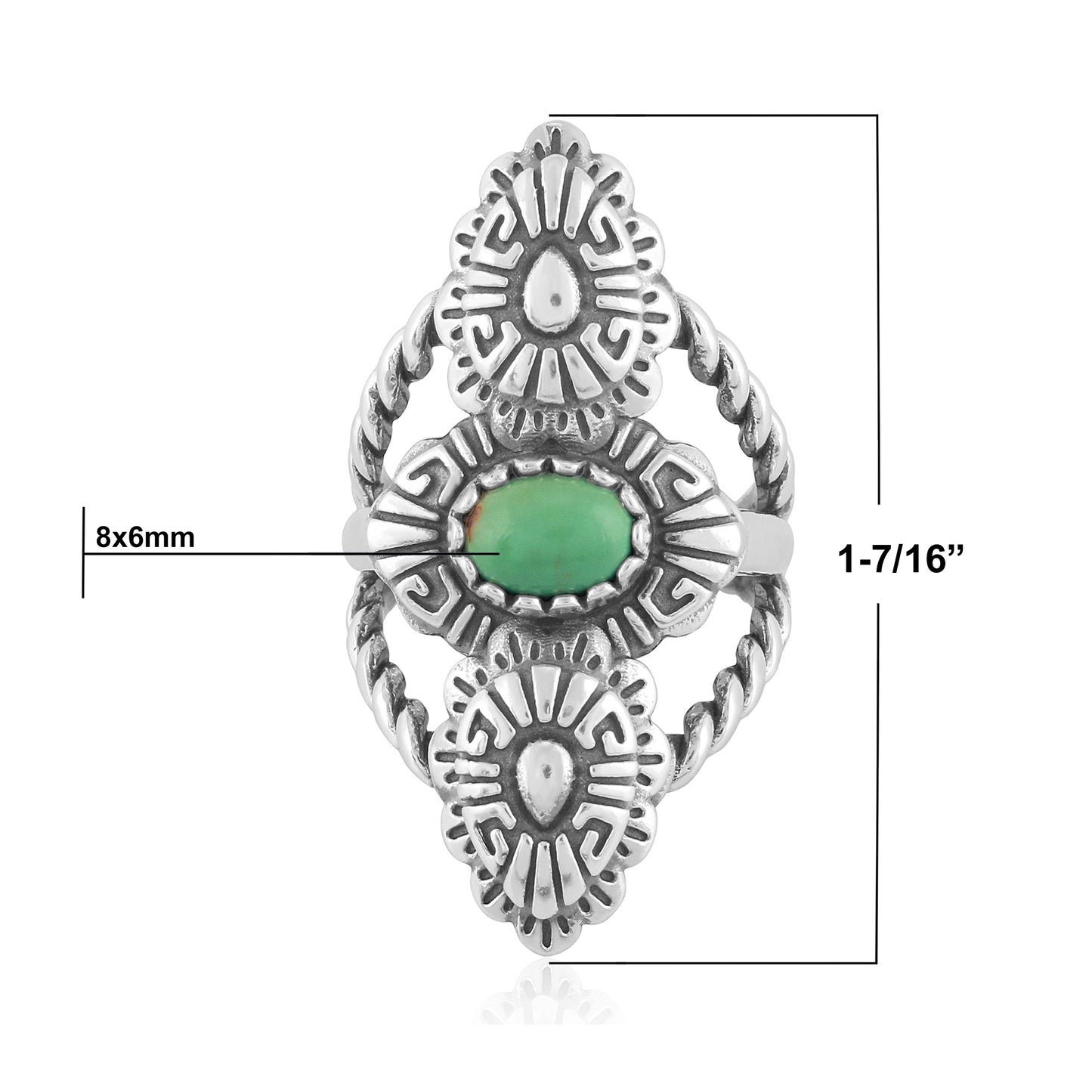 Sterling Silver Green Turquoise Concha Rope Ring, Sizes 5 to 10