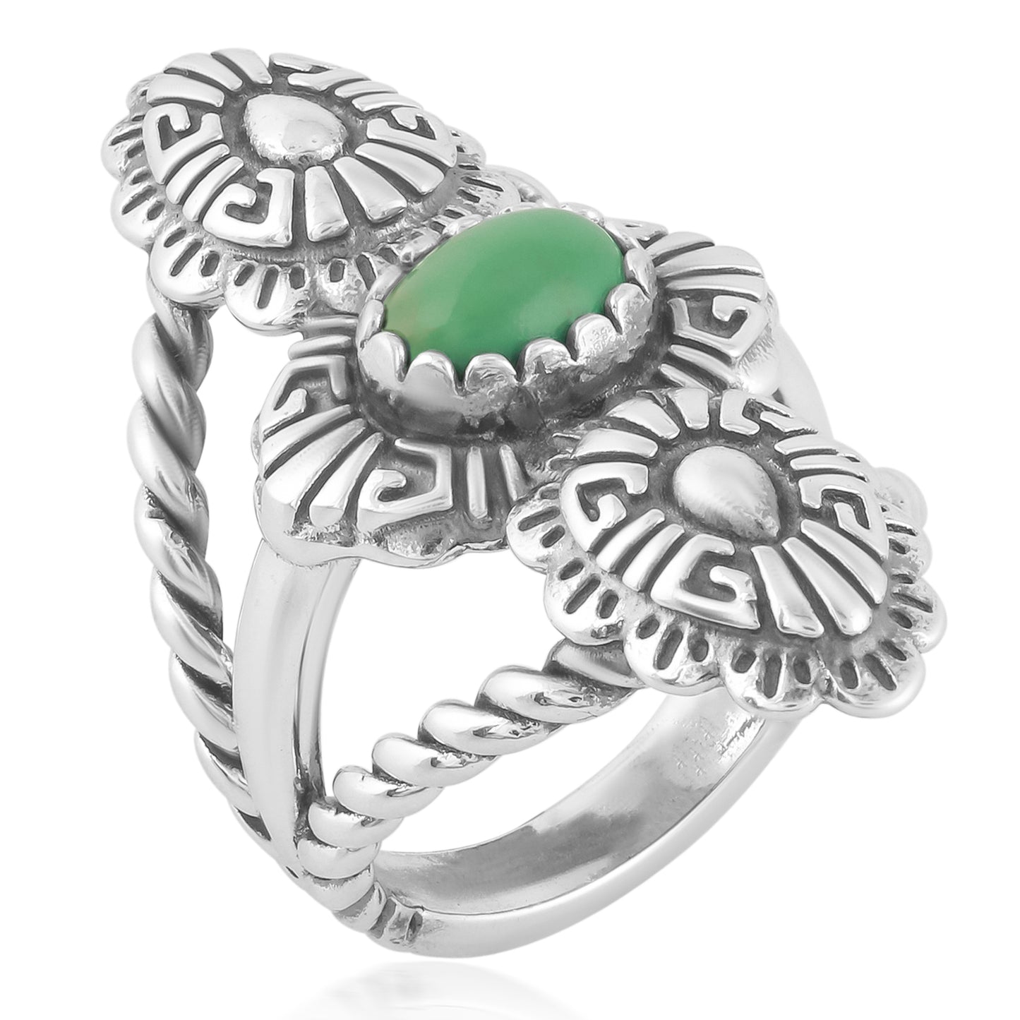 Sterling Silver Green Turquoise Concha Rope Ring, Sizes 5 to 10