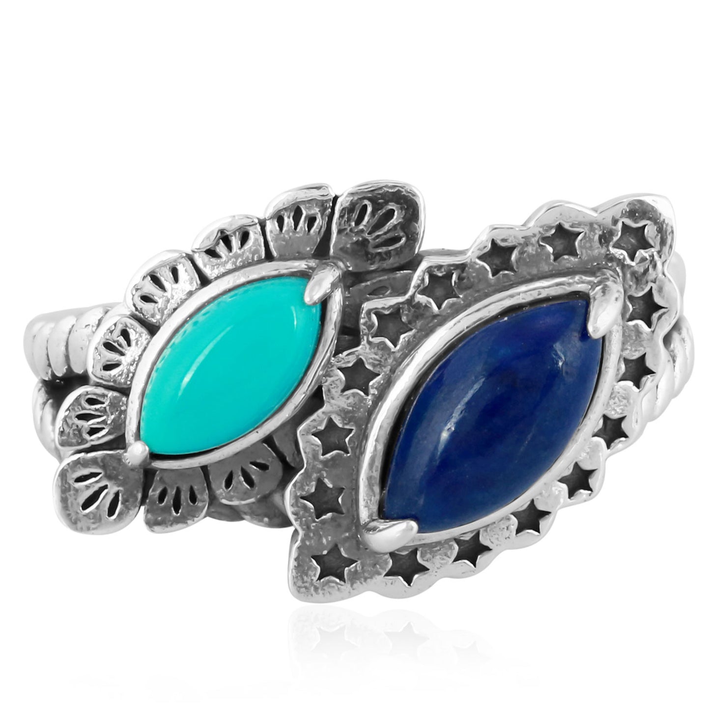 Sterling Silver Lapis Lazuli and Sleeping Beauty Turquoise Bypass Ring, Sizes 5 to 11