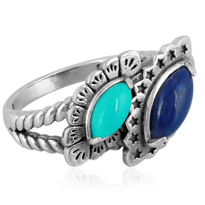 Sterling Silver Lapis Lazuli and Sleeping Beauty Turquoise Bypass Ring, Sizes 5 to 11