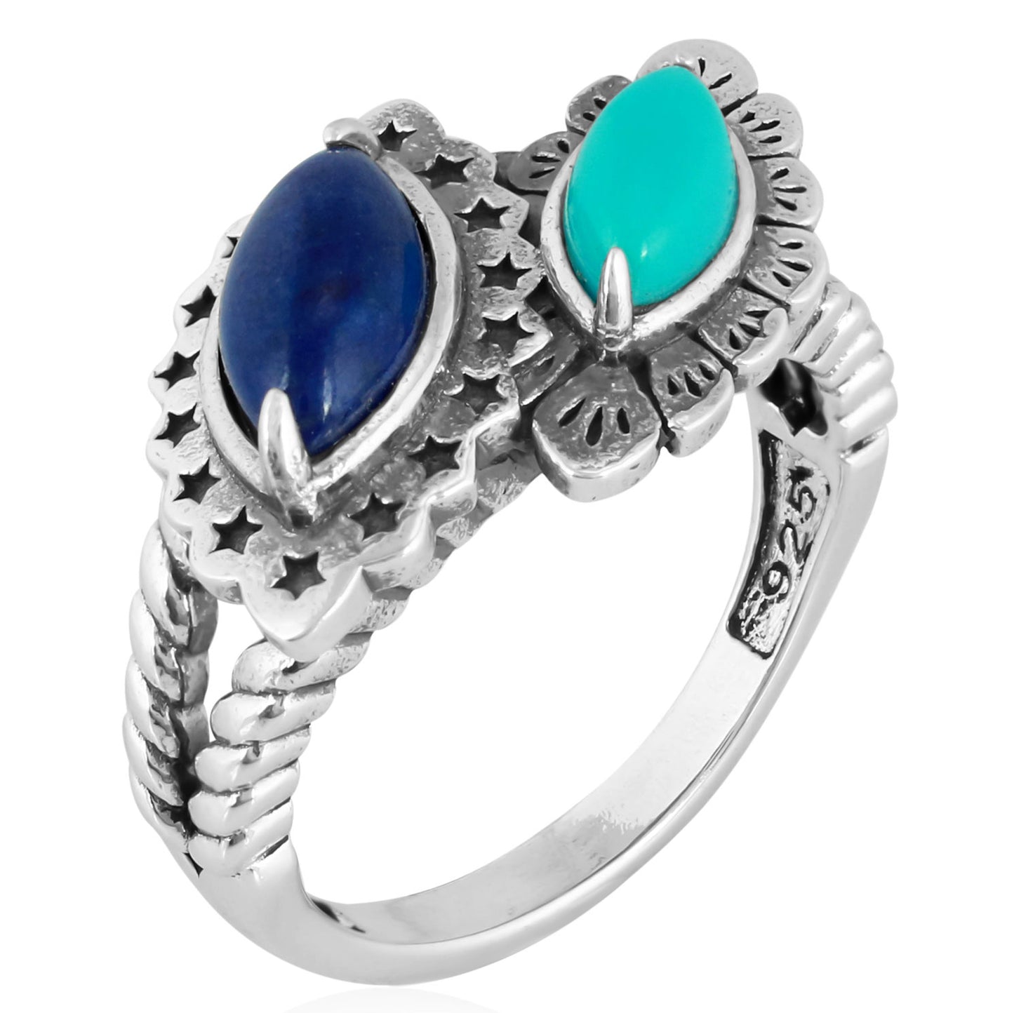 Sterling Silver Lapis Lazuli and Sleeping Beauty Turquoise Bypass Ring, Sizes 5 to 11