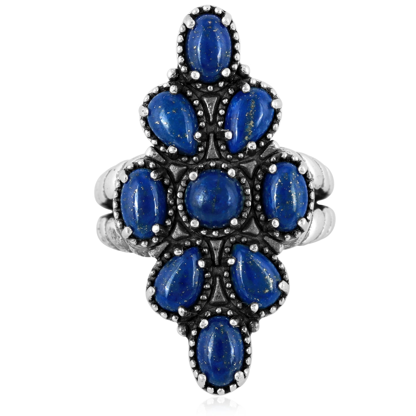 Southwestern Blue Wildflower Cluster Ring- Featuring an Array of Lapis Gemstones and Sterling Silver Rope Band, Sizes  6 - 11