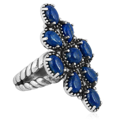 Southwestern Blue Wildflower Cluster Ring- Featuring an Array of Lapis Gemstones and Sterling Silver Rope Band, Sizes  6 - 11