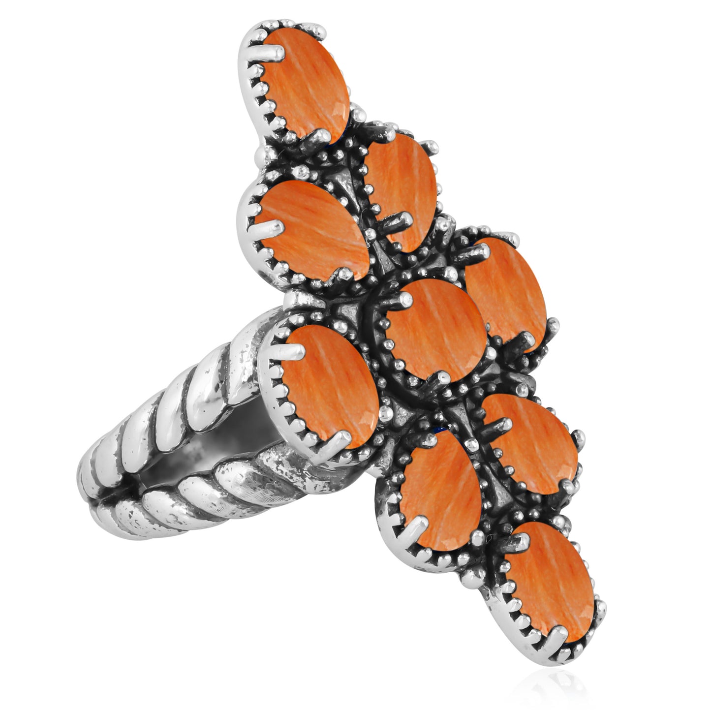 Southwestern Orange Wildflower Cluster Ring- Featuring an Array of Orange Spiny Oyster Gemstones and Sterling Silver Rope Band, Sizes 6 - 11