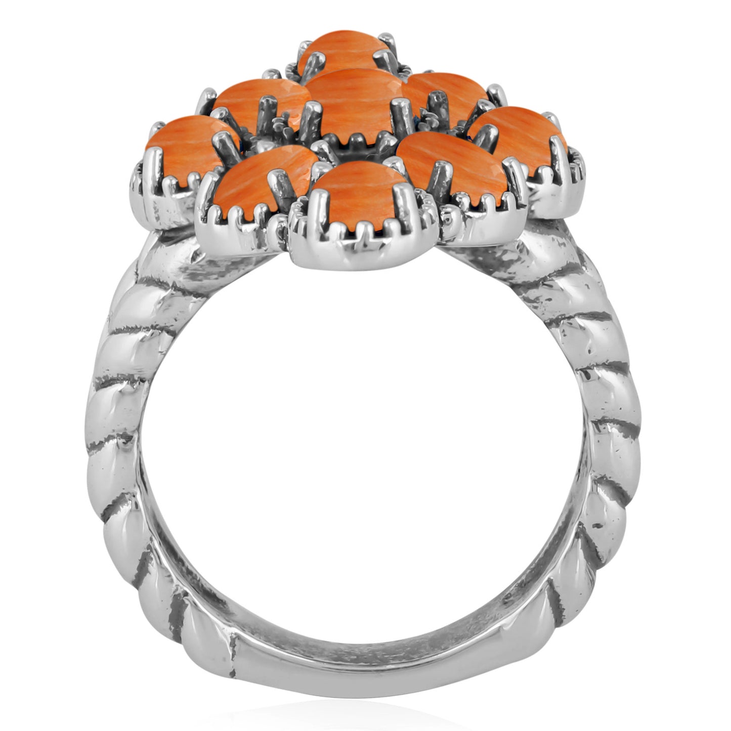 Southwestern Orange Wildflower Cluster Ring- Featuring an Array of Orange Spiny Oyster Gemstones and Sterling Silver Rope Band, Sizes 6 - 11