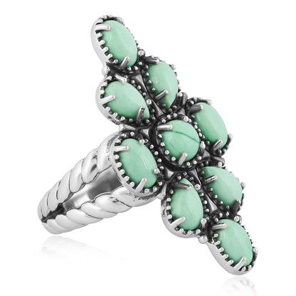 Southwestern Green Wildflower Cluster Ring- Featuring an Array of Variscite Gemstones and Sterling Silver Rope Band, Sizes 6 - 11