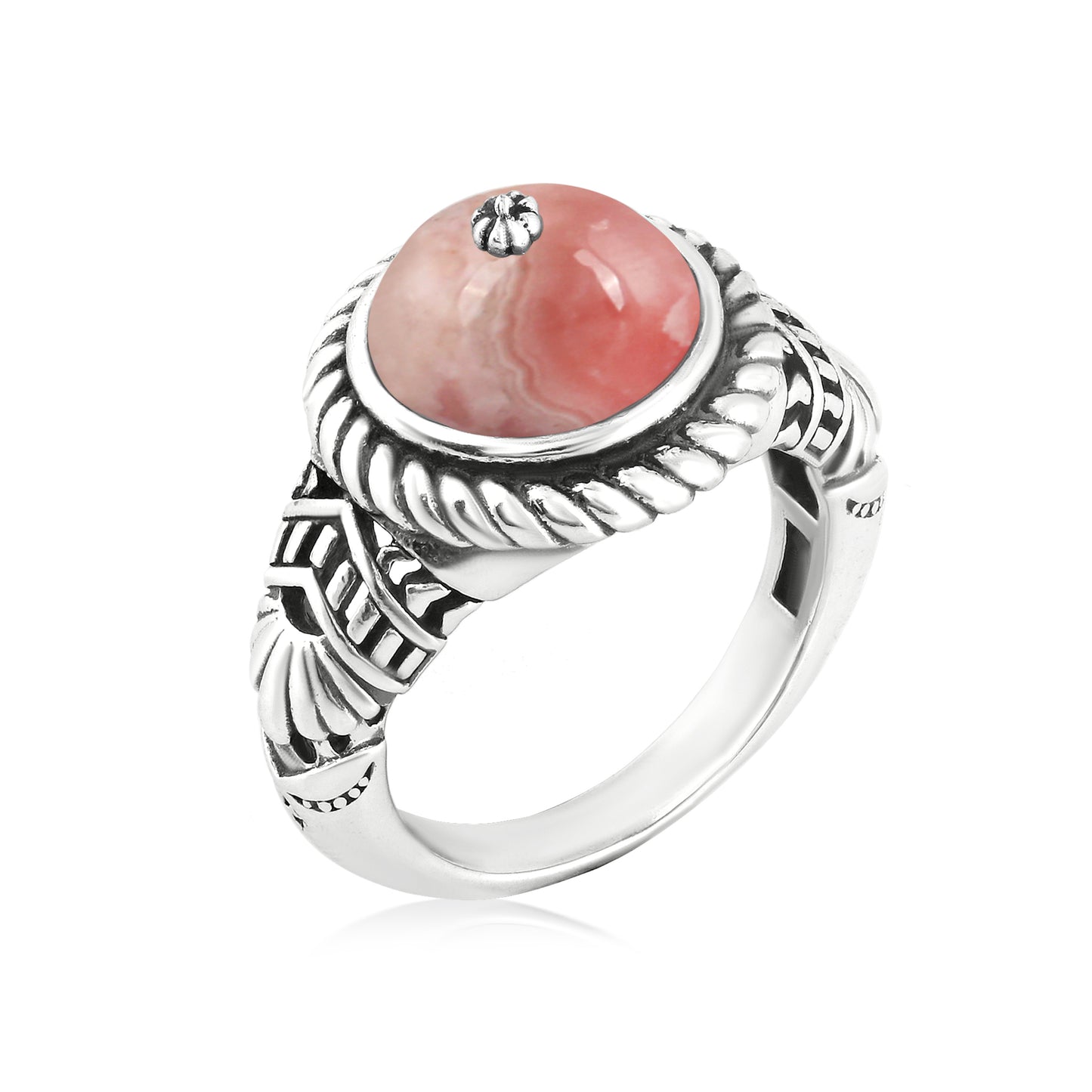 Southwestern Red Wildflower Ring-Crafted from Sterling Silver with Rhodochrosite Gemstone, Sizes 5- 10