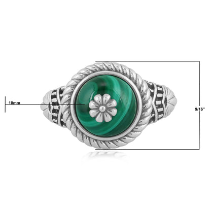 Southwestern Green Wildflower Ring-Crafted from Sterling Silver with Malachite Gemstone, Sizes 5- 10